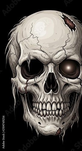 Eerie Digital Skull Art: Cracked Bone Texture, Dark Eyes, Stark Contrast, Brooding Shadows.