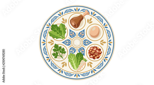 Passover Seder Plate with Traditional Foods and Decorative Border