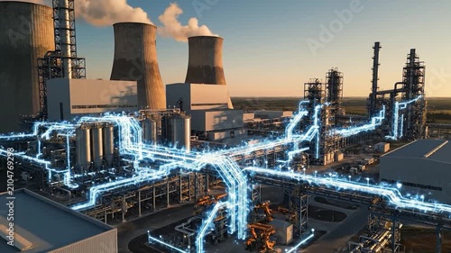 Modern industrial power plant with digital data overlays