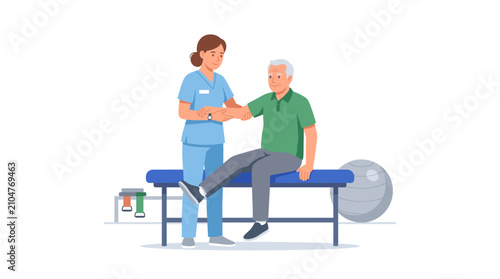 Physical therapist assisting an elderly man with arm exercise on a therapy table