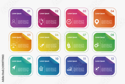 infographic elements template, business concept with12 steps,  multi gradient color rectangle shapes design with icon for workflow layout, diagram, annual report, vector