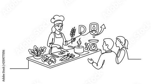 A line art illustration showing a professional chef teaching a cooking class about healthy nutrition.