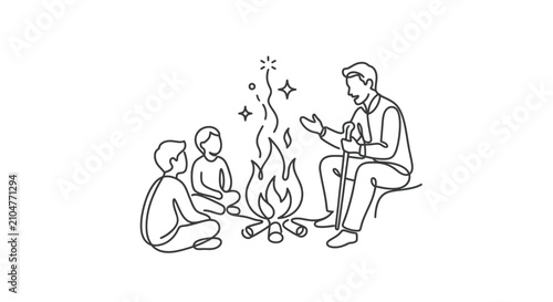 Foto Continuous line drawing of a grandfather telling stories to children around a campfire