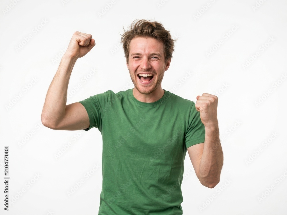 Fototapeta premium Ecstatic Young Man Celebrating in Green Tee