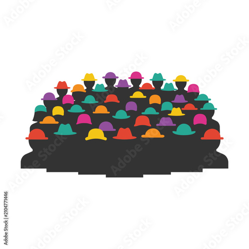 Crowd of people wearing colorful hats, representation of a diverse group, social gathering, festival celebration, or community event