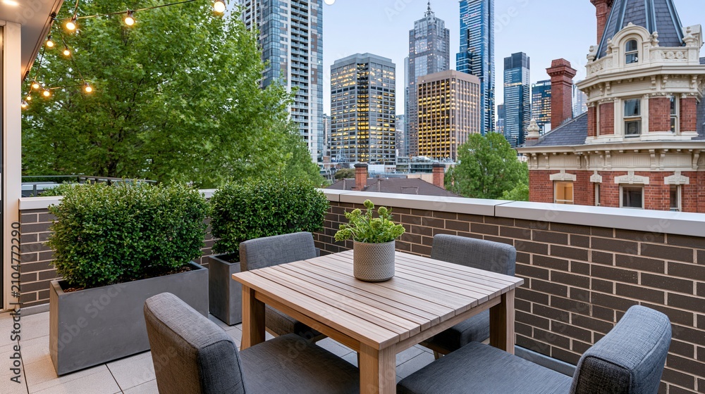 Obraz premium Charming Rooftop Terrace with City Skyline Views, Outdoor Seating, and Lush Greenery