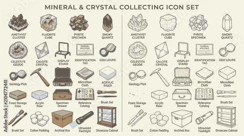 Bild auf Leinwand Mineral and Crystal Collecting Icon Set with Tools and Storage Solutions