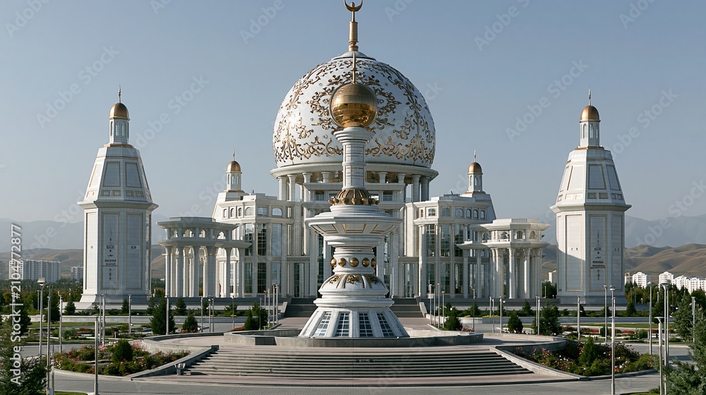 Obraz premium Grand Presidential Palace and Monument with Golden Orb Under Bright Blue Sky