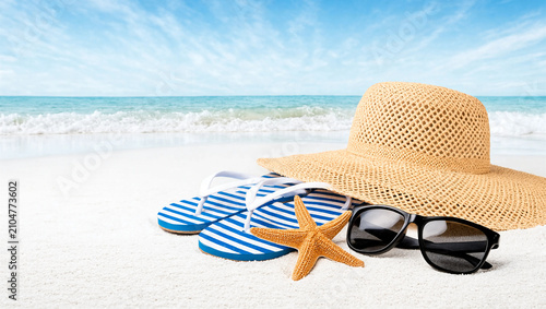  Summer Beach Accessories with Straw Hat Sunglasses Flip Flops Starfish Vacation Concept