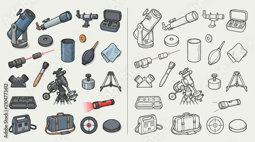 Canvas Print Collection of astronomical equipment and accessories for stargazing and observation, presented in color and line art