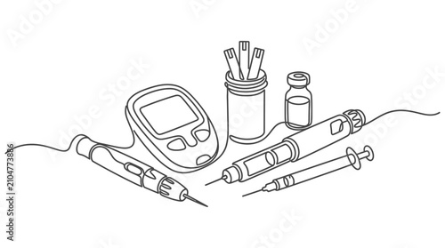 Bild auf Leinwand Continuous line drawing of diabetes medical equipment including glucometer and insulin pens