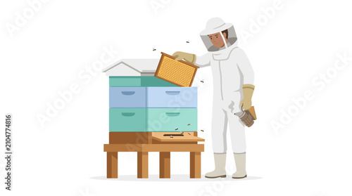 Foto Beekeeper in protective suit inspecting a honeycomb frame near a colorful beehiv