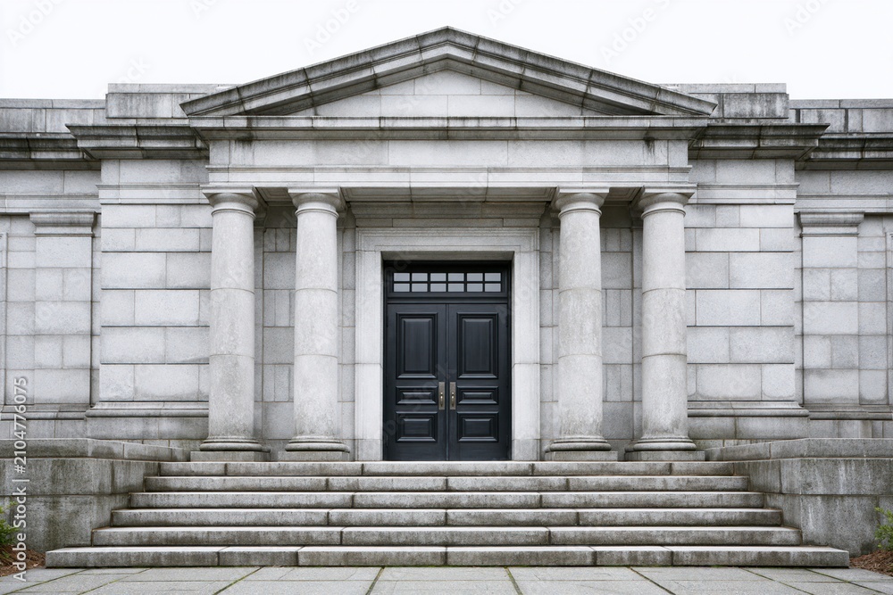 Obraz premium Grand stone building entrance with imposing columns, a triangular pediment, and a dark double door.