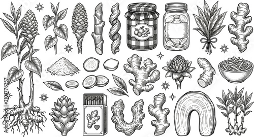 Canvastavla Detailed botanical sketch ginger root collection featuring herbal plants organic