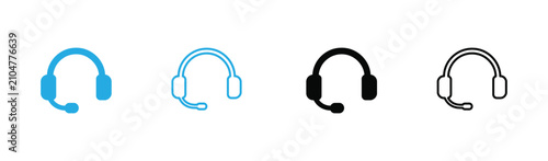 Bild auf Leinwand Headset Icon Customer Service Vector Set Featuring Headphone with Microphone Symbols in Four Distinct Styles Including Blue Glyph, Blue Line, Black Solid, and Black Outline Graphics for UI UX Design