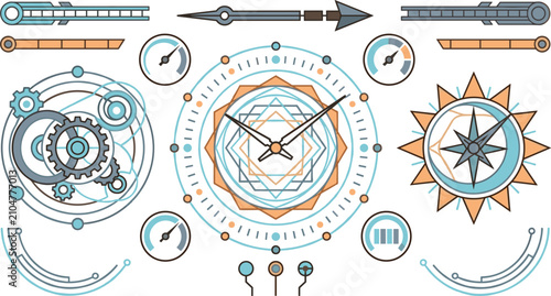 Tableau sur toile Futuristic sci fi clock vector illustration set featuring geometric astrolabe di