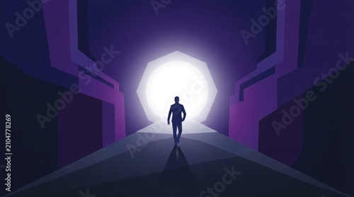 Silhouette of a person walking towards a bright light in a dark futuristic abstract corridor representing new beginnings and success
