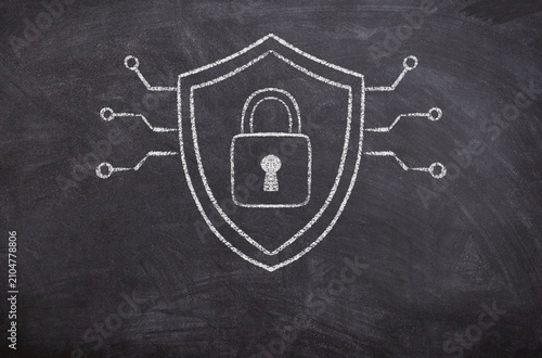 Padlock Inside a Shield with Electrical Cables Extending Away, Hand-Drawn Chalk Illustration on Blackboard, Minimal Digital Chalkboard Sketch, Cyber Security and Data Protection Concept Visualization