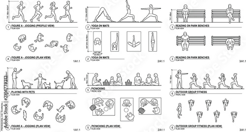 Architectural CAD blocks of people doing outdoor activities including jogging yoga picnicking and reading in plan and elevation view