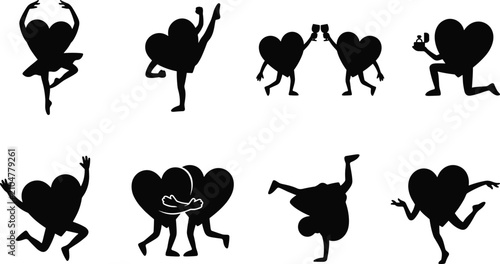 Bilde på lerret Collection of funny heart character silhouettes dancing hugging proposing marria