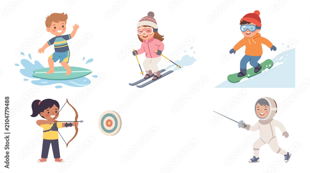 Fototapeta premium Children Engaged in Winter Sports Activities Including Surfing Skiing Archery and Fencing in a Snowy Environment