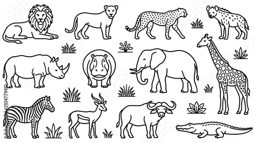 Canvas Print Collection of wild african animals set isolated on white background drawing