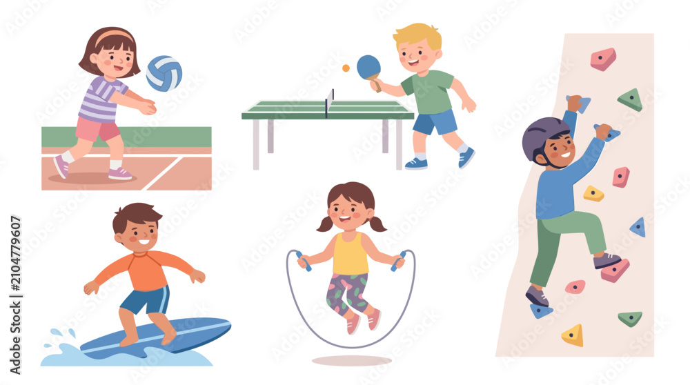 Fototapeta premium Children engaging in various indoor and outdoor recreational activities emphasizing active play and physical development