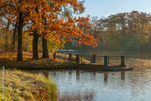 Canvastavla Stone pier on the shore of the Great Pond in the Catherine Park of Tsarskoye Selo on a sunny autumn morning, Pushkin, St