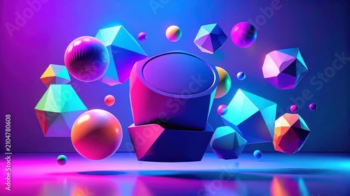 Abstract 3D composition with geometric shapes, vibrant colors, and reflective surface