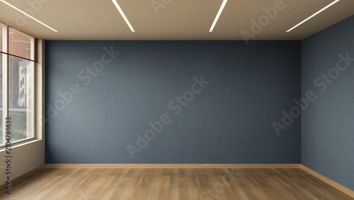 Foto Empty room with dark blue walls and recessed LED lighting