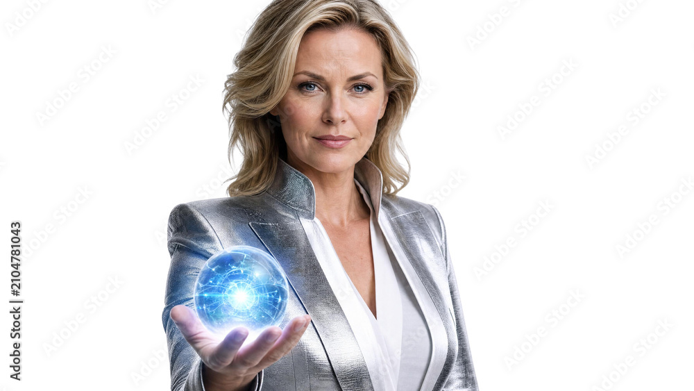 Fototapeta premium Professional Mature Woman in Futuristic Silver Suit Holding Glowing Digital Energy Orb Isolated