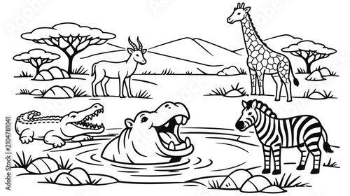 Foto Safari animals around waterhole in black and white coloring page.