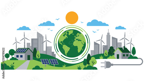 Eco friendly landscape with solar panels and wind turbines near city.