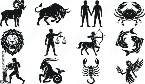 Bild auf Leinwand Complete western astrology zodiac signs vector icon set featuring detailed black