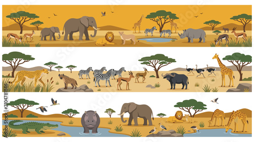 Canvas Print Set of african safari animals vector banners on landscape background