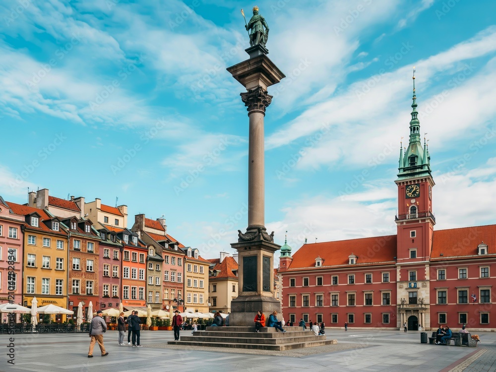 Obraz premium Sigismunds column and royal castle in the old town of warsaw, poland