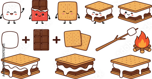 Quadro su tela Cute smores vector set with kawaii marshmallow chocolate bar graham cracker character bonfire and ingredients assembly icon