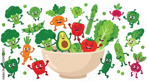 Foto Cute anthropomorphic vegetables and fruits in a bowl and around it