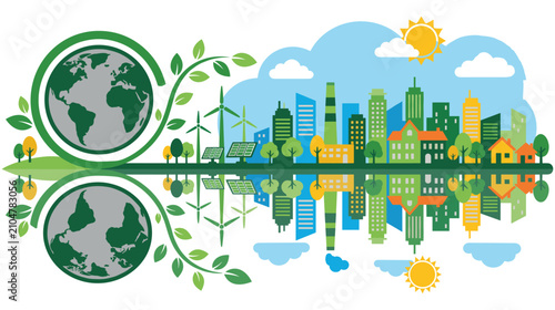 Eco friendly city concept with renewable energy sources and green planet.