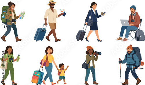 Diverse group of travelers and tourists with luggage, backpacks, and travel gear for vacation journeys