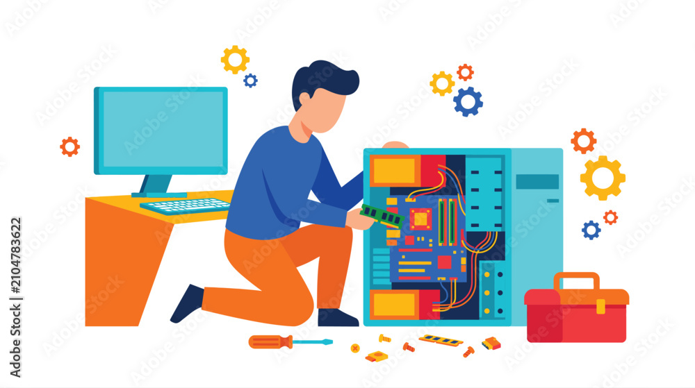 Fototapeta premium Illustration of a technician installing and repairing a server in a data center with tools and rack hardware.