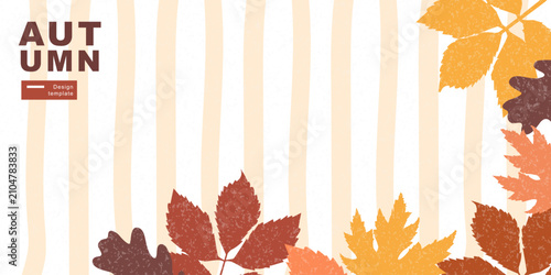 Konstfotografi Autumn background in horizontal format with striped pattern, colorful maple and oak leaves, and copy space