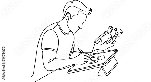 Continuous line drawing of a male digital artist working on a tablet.