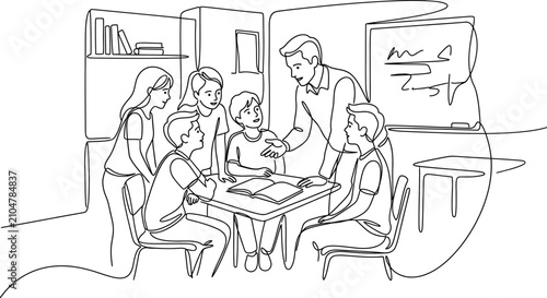 Foto Continuous line drawing of a teacher guiding a group of students in a classroom setting