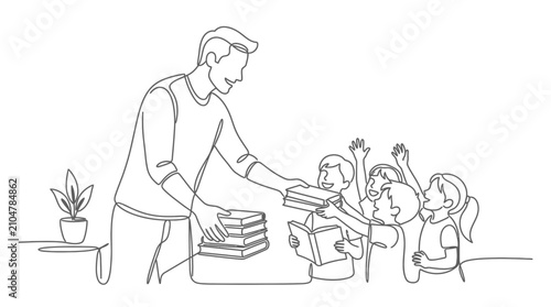Fotografía Teacher handing out books to eager elementary school students in classroom