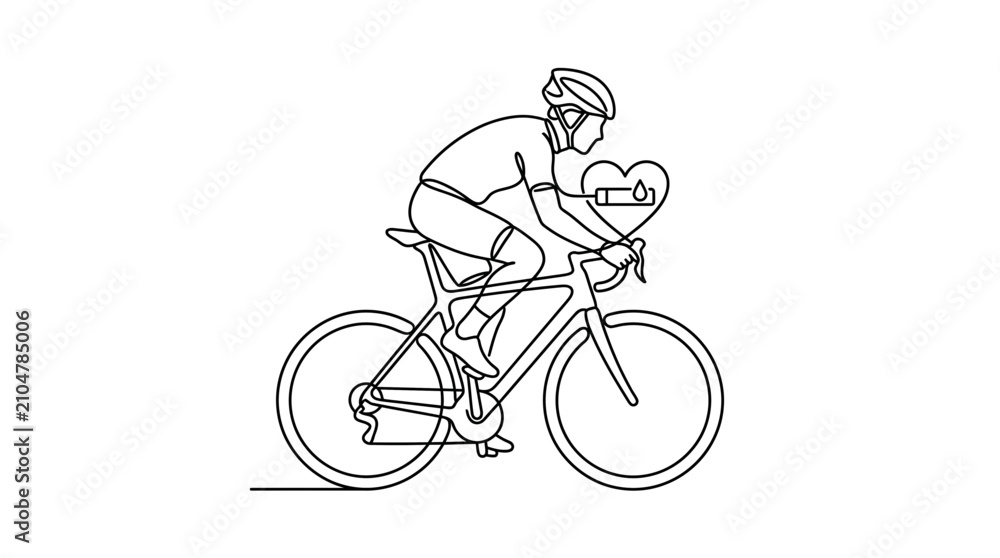 Obraz premium Continuous one line drawing of a cyclist with a heart shape representing healthy cardio activity.