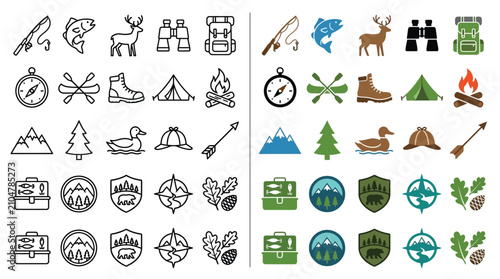 Fotografía Collection of outdoor adventure and camping icons, presented in both line art and filled color styles