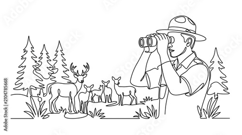 Obraz na płótnie Continuous line art illustration of a park ranger observing deer with binoculars