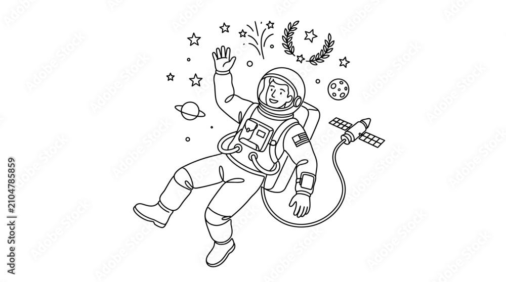 Obraz premium Astronaut floating in outer space with celestial elements line art.