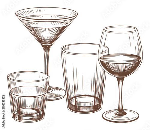 Bild auf Leinwand Ilustración dibujada a mano de diversos vasos y recipientes para bebidas